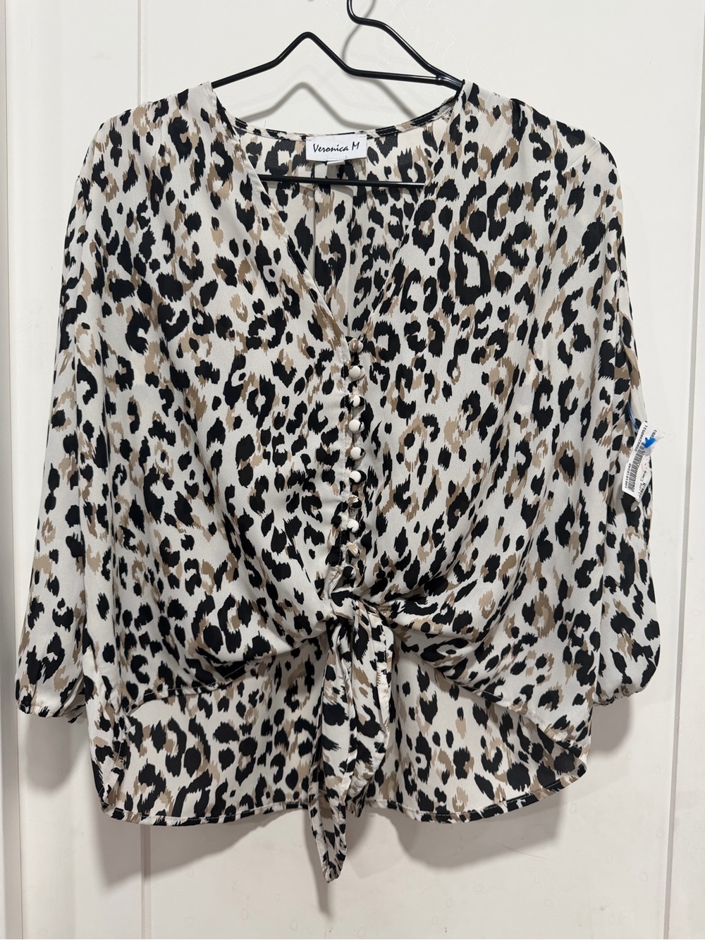 Veronica M Cream Leopard Tie-Front Blouse with Black & Tan Spots